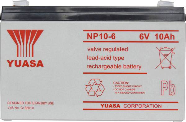 Yuasa NP10-6 NP10/6 olověný akumulátor 6 V 10 Ah olověný se skelným rounem (š x v x h) 151 x 97.5 x 50 mm plochý konektor 4,8 mm bezúdržbové, VDS certifikace