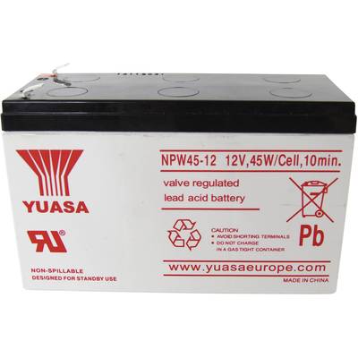 Olověná akumulátorová baterie 'YUASA', 12V, 45W/článek, 10 minut. Bezpečnostní upozornění: Nenabíjet v plynovém prostoru. Vhodné pro pohotovostní použití.