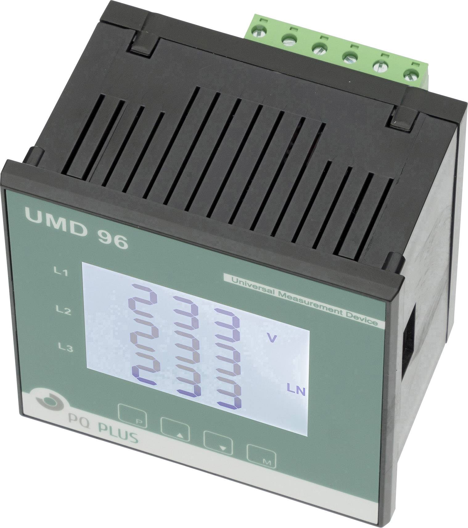 Elektrické měřicí zařízení s nápisem 'UMD 96'. Zobrazuje údaje elektrického obvodu. Nahoře se nacházejí zelené připojovací svorky.
