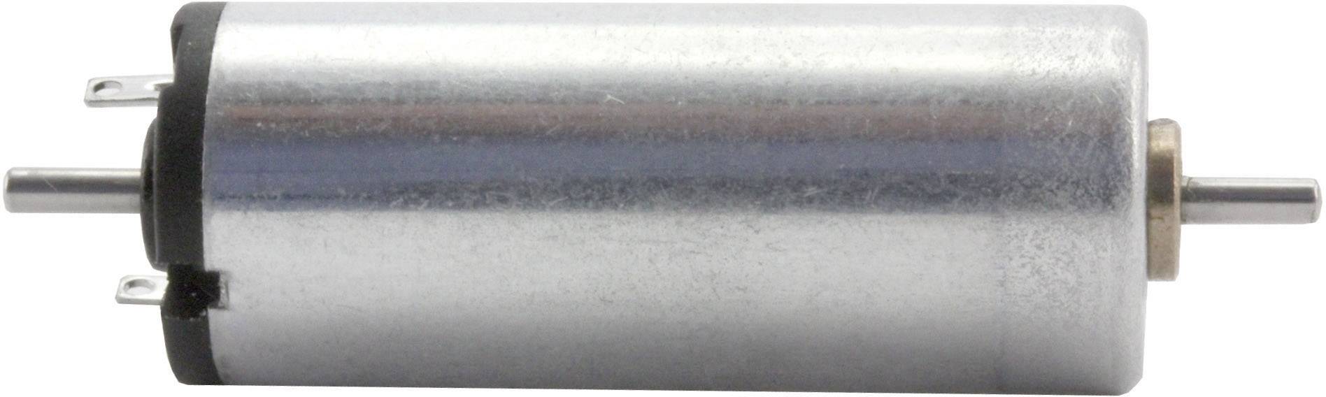 Malý válcový elektromotor z kovu, zobrazený horizontálně v detailním záběru, s viditelnými hřídeli na obou koncích.