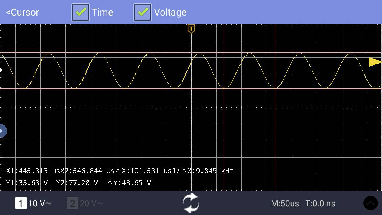 Displej osciloskopu zobrazuje sinusovou vlnu s označeními X: 101,531 ns a Y: 43,65 V. Časová osa je M: 50 µs, T: 0,0 ns.