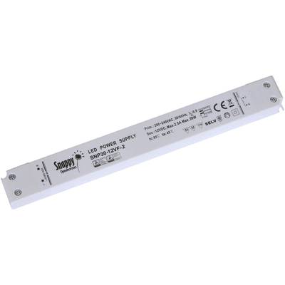 'Snappy Optoelectronics LED napájecí zdroj SNP30-12VF-2', úzký, bílý, vstup: 200-240VAC, 50/60Hz, 10-9A, výstup: 12VDC, označení CE a další certifikace.
