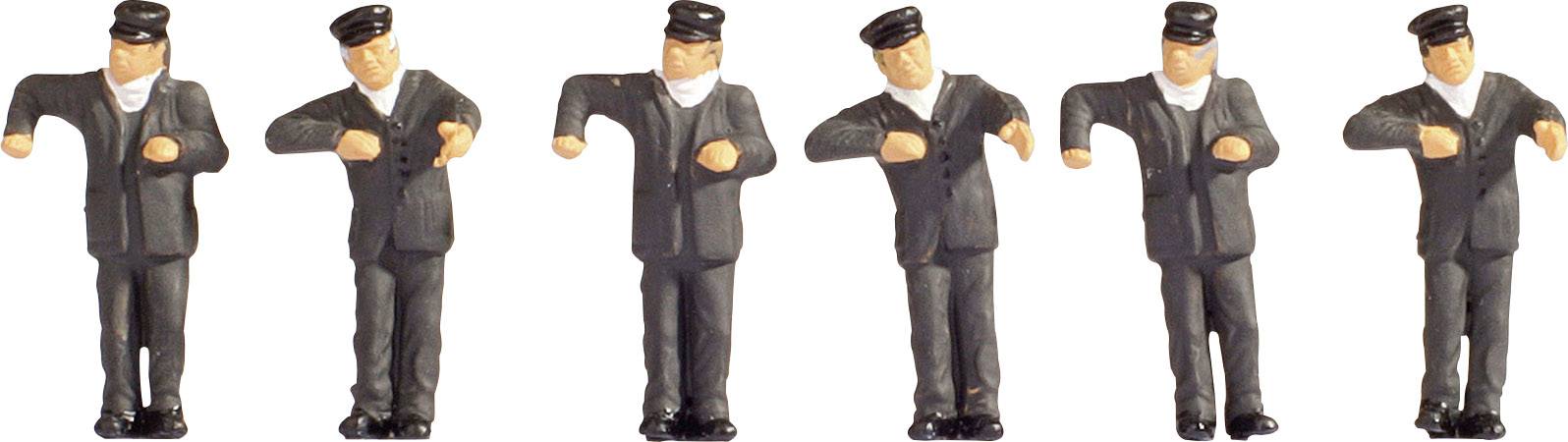Šest figurín v uniformách předvádí různé taneční pózy. Všechny mají černé klobouky a obleky s bílými košilemi.