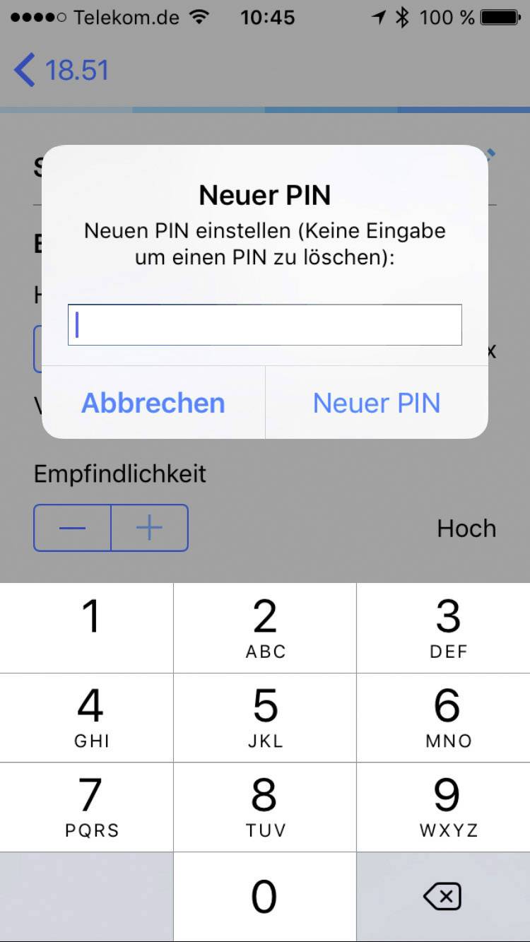 Dialog pro zadání nového PIN kódu. Možnosti: 'Zrušit' nebo 'Nový PIN'. Pod ním numerická klávesnice pro zadání.
