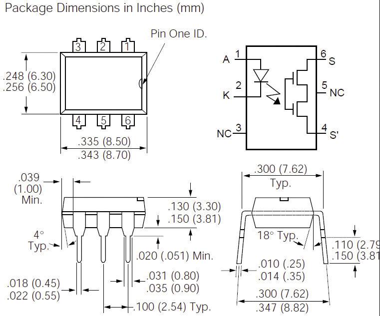 Diagram elektronické součástky s rozměry v palcích a milimetrech. Zobrazuje osazení pinů, výškové rozměry a připojení.