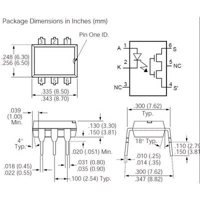 Diagram elektronické součástky s rozměry v palcích a milimetrech. Zobrazuje osazení pinů, výškové rozměry a připojení.