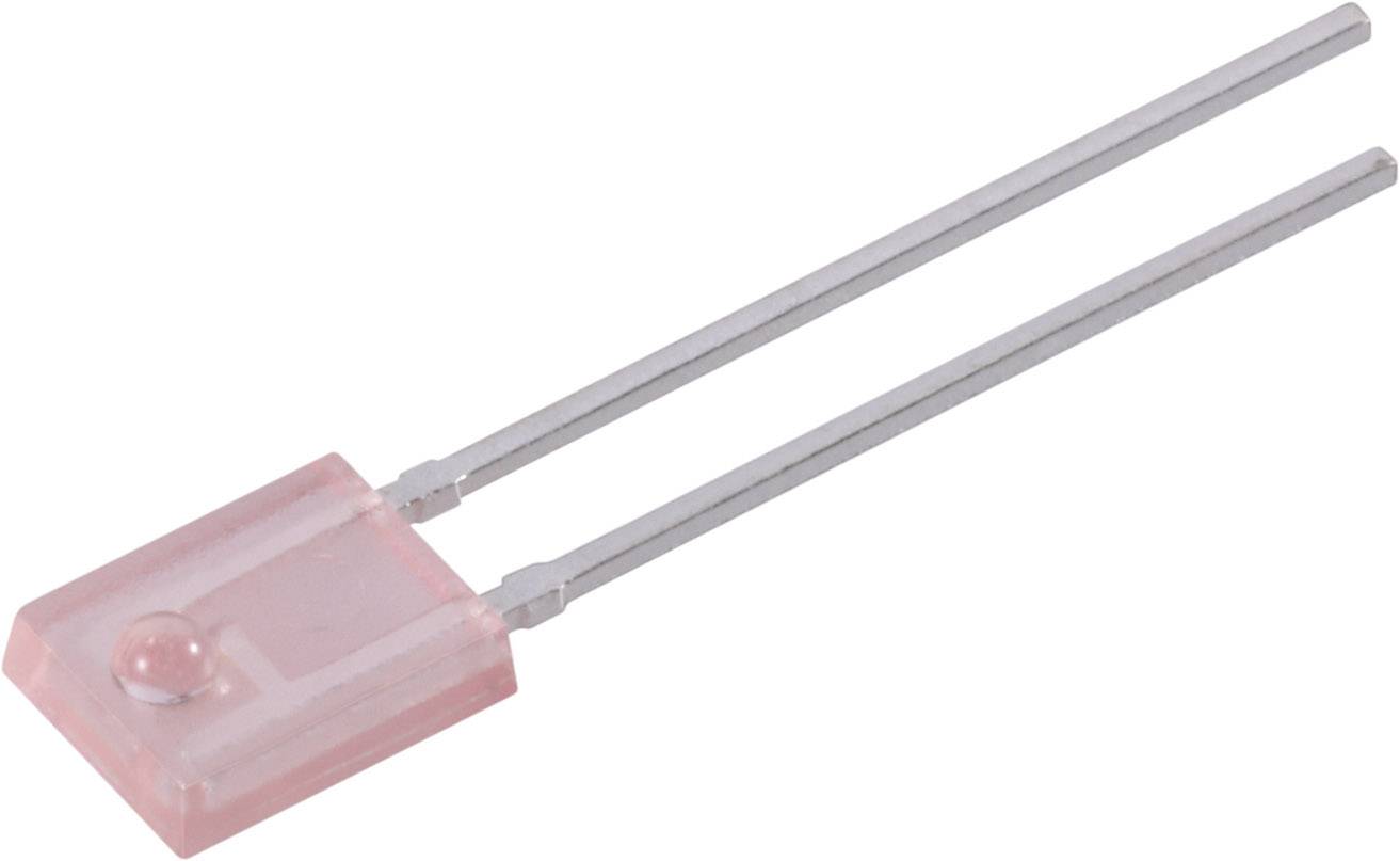 Růžový LED čip se dvěma dlouhými kovovými kontakty, vhodný pro elektronické obvody a osvětlovací aplikace.