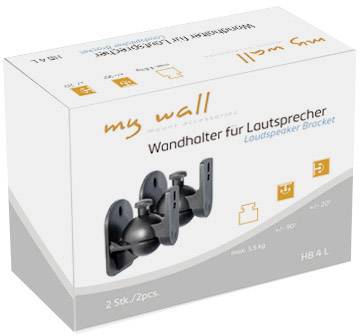 Balení držáku na stěnu 'my wall' pro reproduktory, zobrazuje dva černé držáky. Unese až 3,5 kg, naklápěcí a otočný.