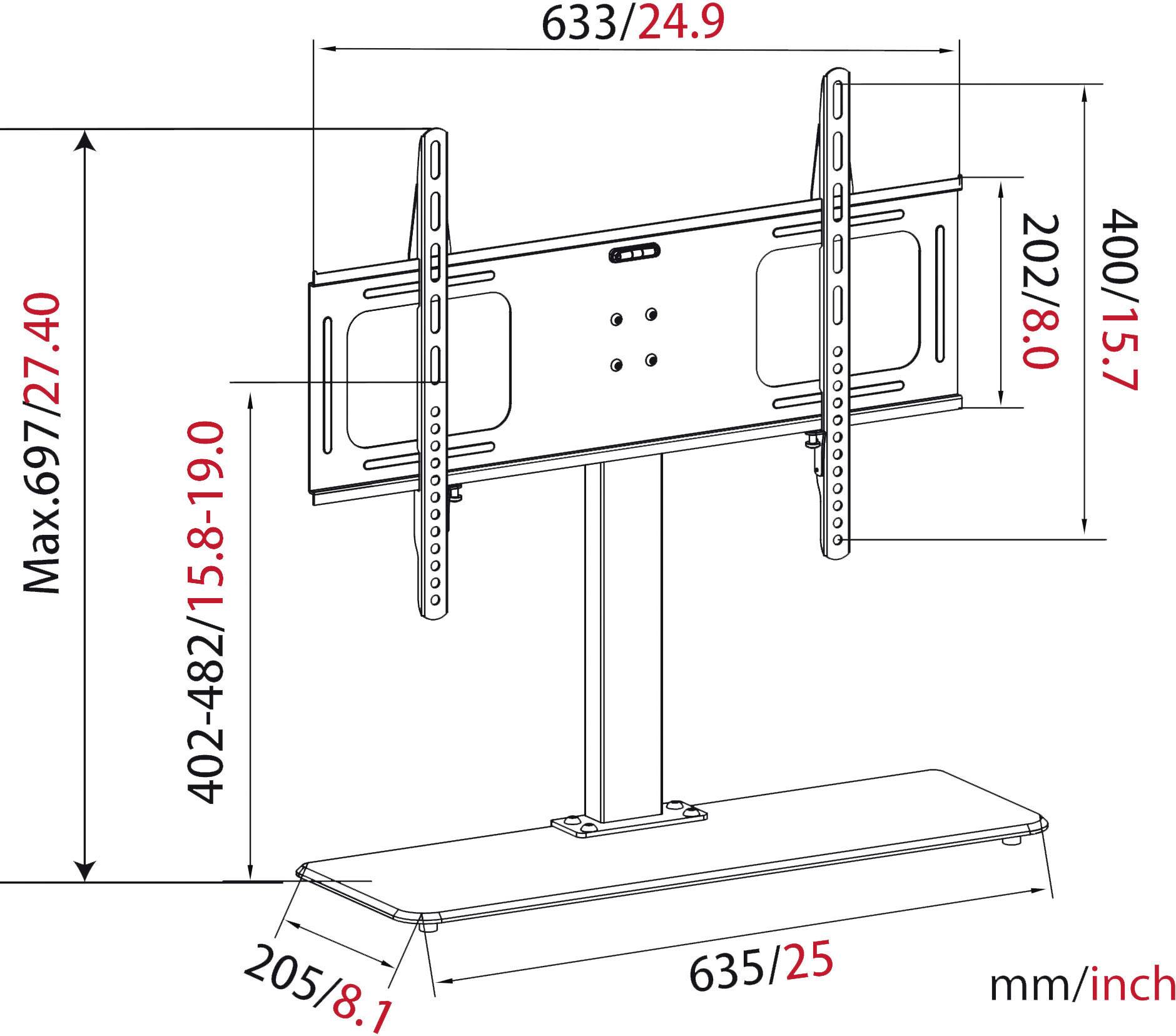 'Technický výkres TV stojanu s rozměry. Horizontální šířka 633 mm/24,9 palce, výška 697 mm/27,4 palce, hloubka 205 mm/8,1 palce.'