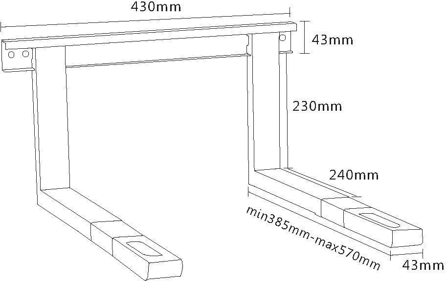 Technický výkres vidlicového zvedáku s rozměry: šířka 430 mm, výška 43 mm, vidlice délky 240 mm, nastavitelné rozmezí od 385 mm do 570 mm.