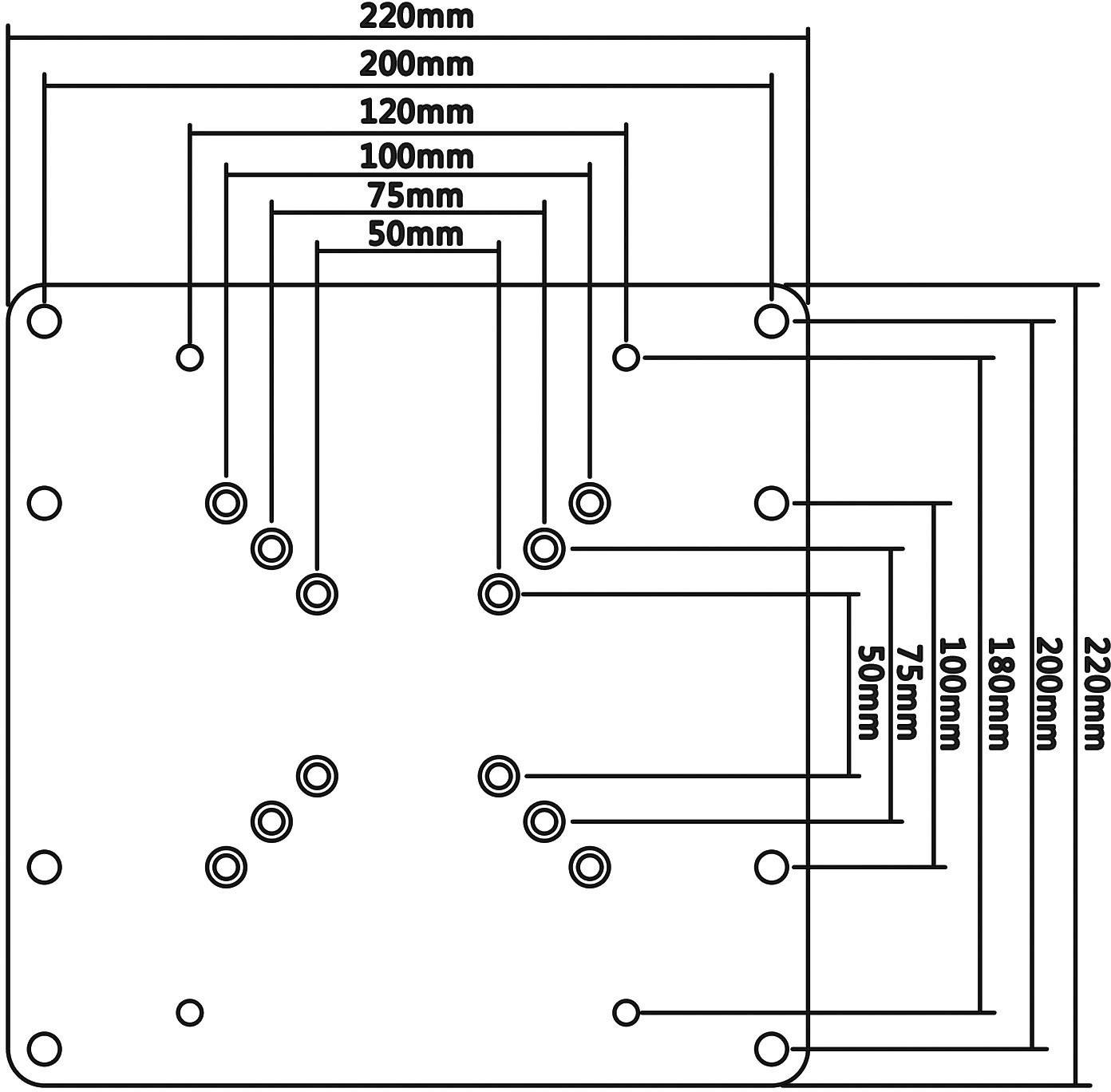 Technický výkres čtvercové desky s montážními otvory a přesnými rozměrovými kótami v milimetrech, jako například 220 mm a 200 mm.