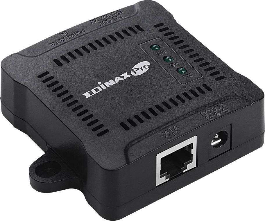Černý síťový adaptér s LED indikátory a ethernetovým portem. Označený jako 'Edimax Pro'. Používá se k propojení zařízení.