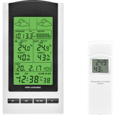 Elektronický displej meteorologické stanice ukazuje: Vnitřní teplota 24°C, venkovní teplota 25°C, vnitřní vlhkost 47%, datum 20.01.