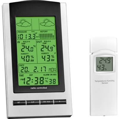 Digitální meteostanice zobrazuje předpověď počasí pomocí symbolů slunce, teploty 24,9°C, vlhkosti vzduchu 43 %, data a času.