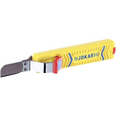 Žluté odizolovací kleště značky 'Jokari' s červeným a modrým značením. Čepel z nerezové oceli, ergonomická rukojeť, vhodné pro odstraňování izolace z kabelů.