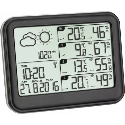 Digitální teploměr ukazuje 20,5°C uvnitř, 9,8°C venku. Vlhkost vzduchu uvnitř 46 %, venku 67 %. Čas 10:20, datum 27. 08. 20.