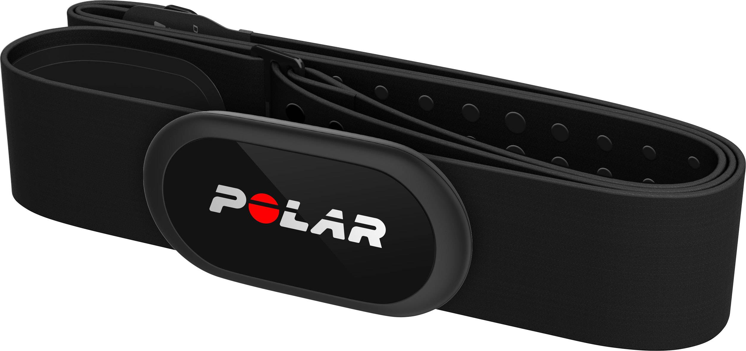 Černý hrudní pás na měření srdečního tepu od společnosti 'Polar' s firemním logem uprostřed, určený pro sledování fitness a zdravotního stavu.