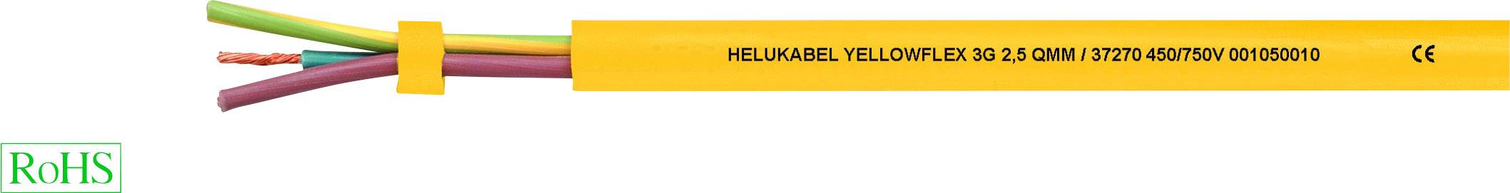 Žlutý kabel se třemi volnými konci vodičů v barvách červená, žluto-zelená a fialová. Nápis: 'Helukabel Yellow Flex 3G 2,5 qmm'. Logo RoHS vlevo.