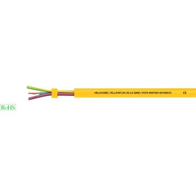 Žlutý kabel se třemi volnými konci vodičů v barvách červená, žluto-zelená a fialová. Nápis: 'Helukabel Yellow Flex 3G 2,5 qmm'. Logo RoHS vlevo.