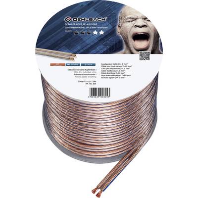 Reproduktorový kabel od Oehlbachu, pozlacený 24 karátovým zlatem, navinutý na cívce. Hlavní detail je kabel s podílem mědi a technickými parametry produktu.