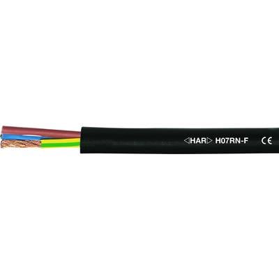 Černý elektrický kabel s více vodiči, částečně měděné barvy, částečně izolované v červené, modré a žluto-zelené barvě. Označení: 'HAR' H07RN-F CE.