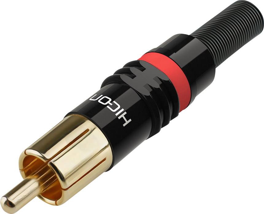 Černý a zlatý RCA konektor s červeným kroužkem, vhodný pro audio připojení.