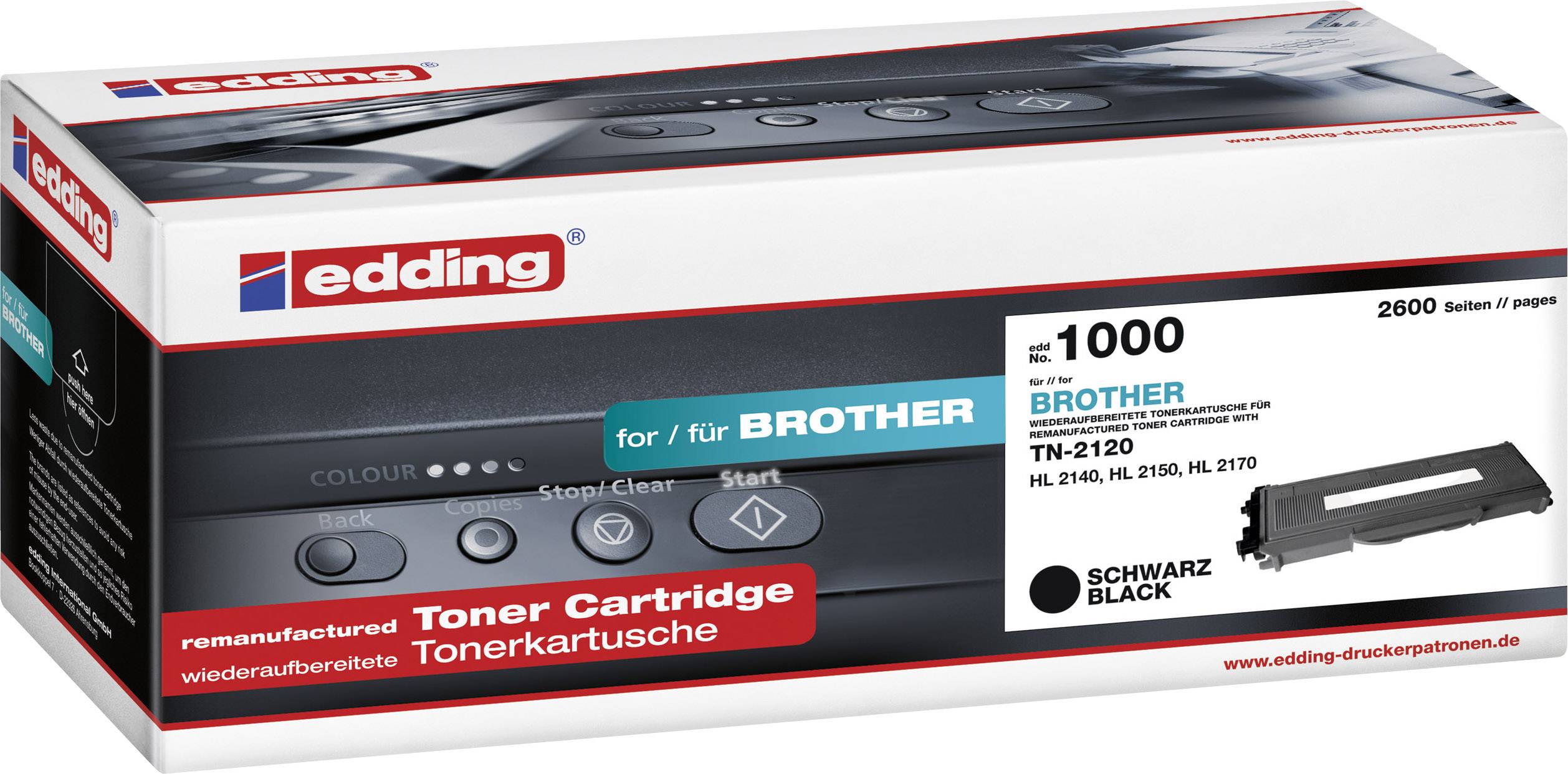 Tonerová kazeta Edding pro tiskárny Brother, TN-2120, černá, 2600 stran, zobrazená s obalem a produktovou fotografií.