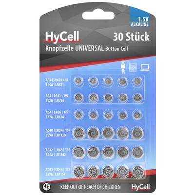 30 kusů knoflíkových baterií, 1,5V alkalické, značka HyCell. Různé velikosti: AG1, AG3, AG4, AG10, AG12. Upozornění: Uchovávejte mimo dosah dětí.