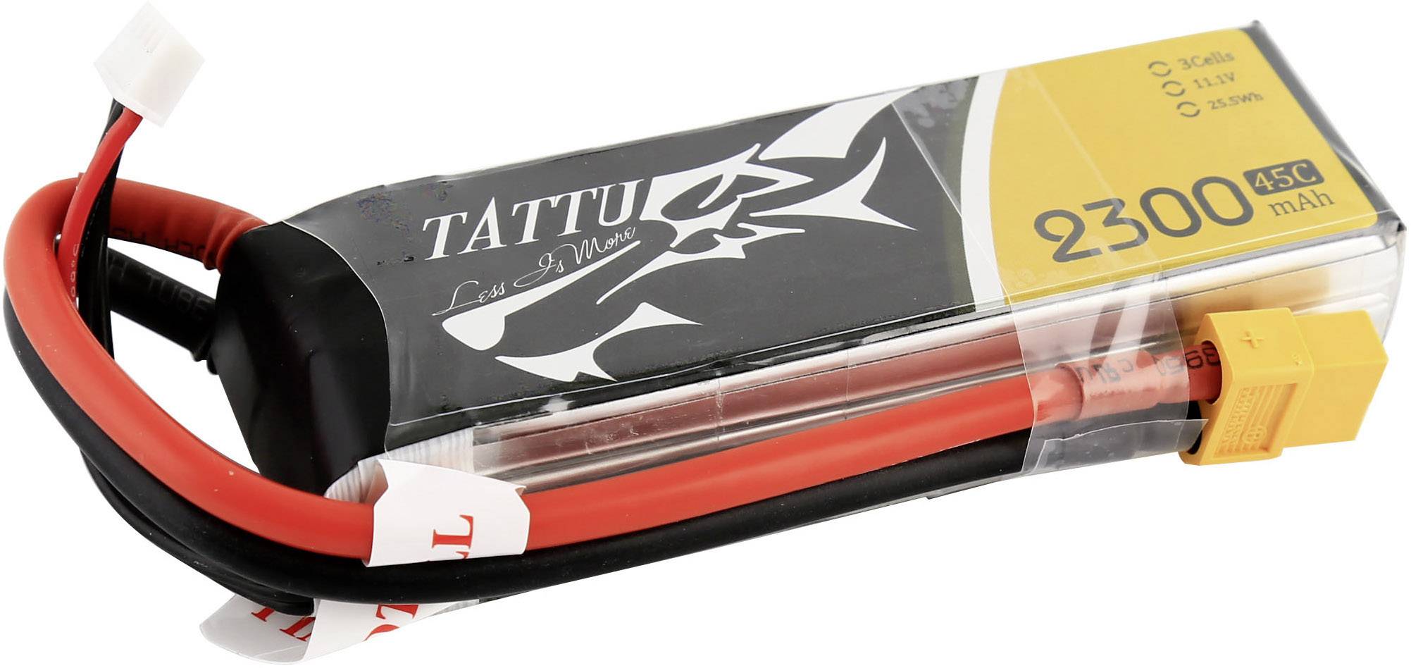 Lithium-polymerová baterie Tattu s kapacitou 2300 mAh. Má červené a černé kabely s konektory.