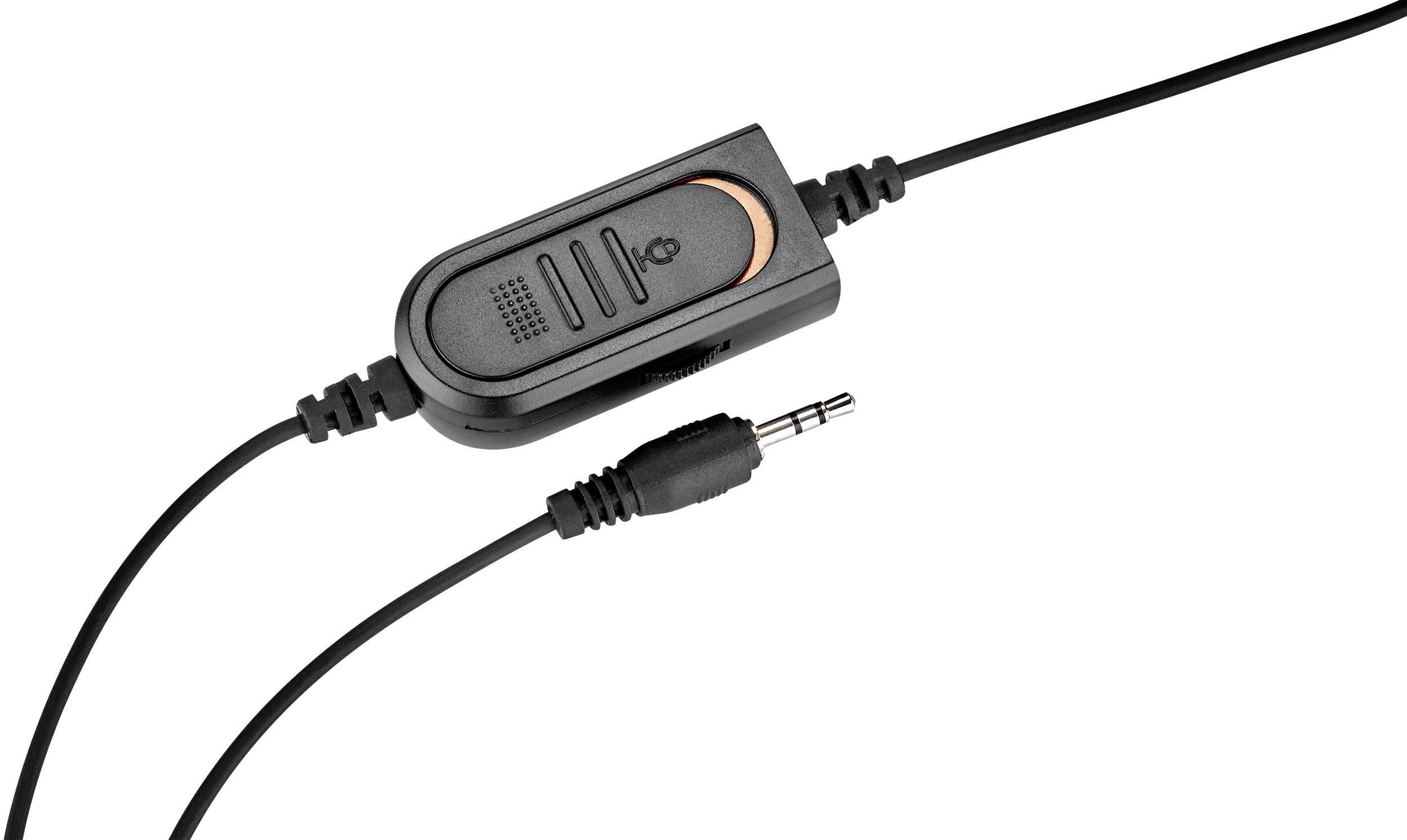 Černý audiokabel s integrovaným ovládacím prvkem. Na jednom konci je zástrčka, na druhém spínač s mikrofonem.