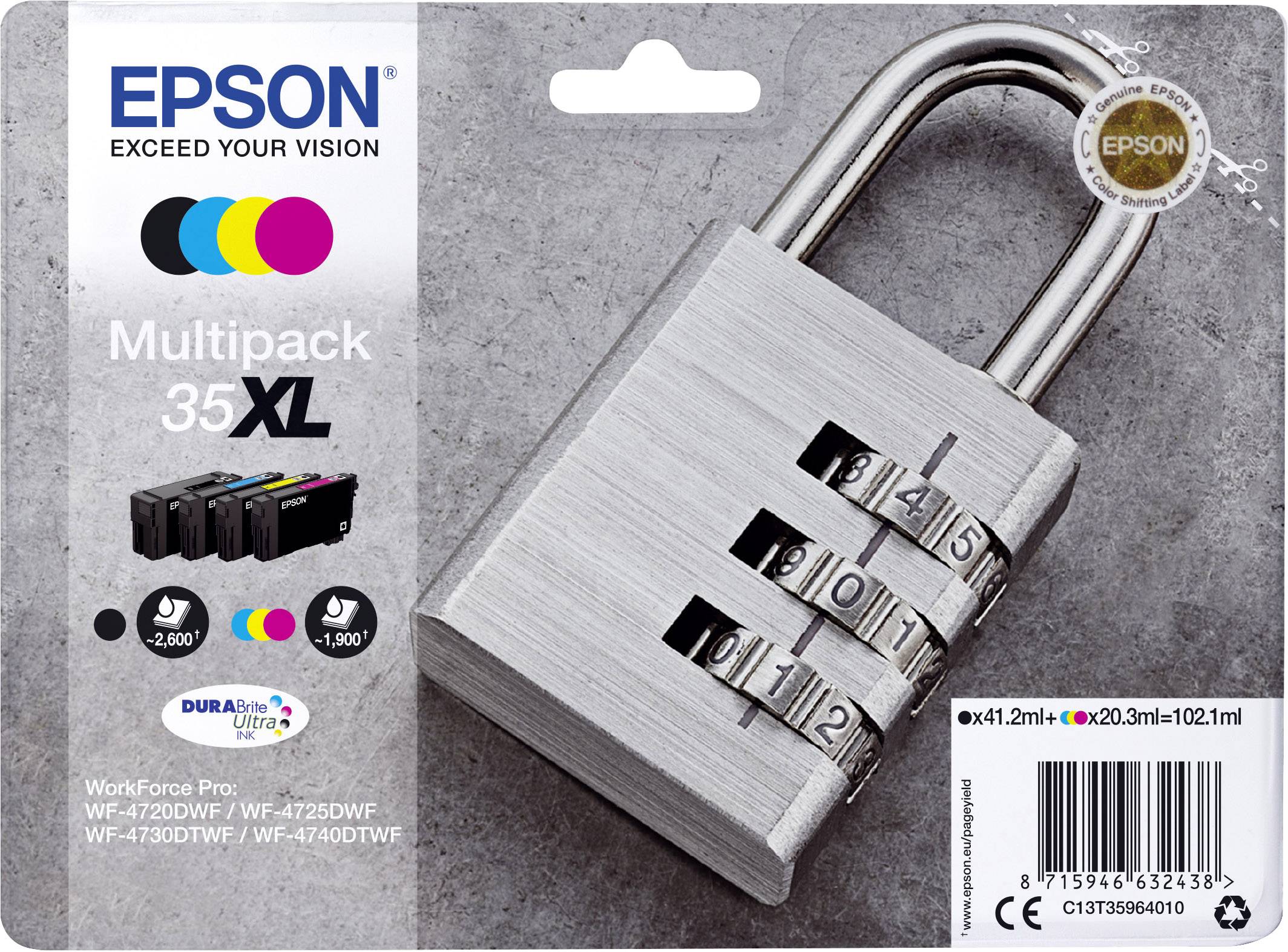 Multipack Epson 35XL se 4 inkoustovými cartridgemi. Na obrázku je zobrazený visací zámek s numerickým kódem.