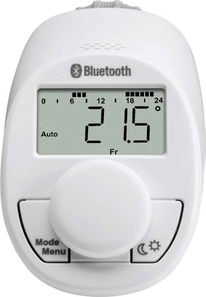 Bílý digitální termostat s logem Bluetooth zobrazuje aktuální teplotu 21,5 stupňů a je nastaven do automatického módu.