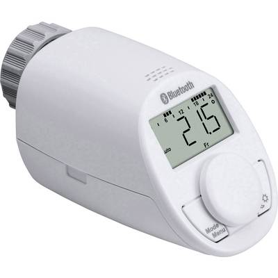Digitální termostat topení s displejem zobrazuje '21,5°'. Disponuje logem Bluetooth, přepínačem pro nastavení teploty a menu tlačítkem.