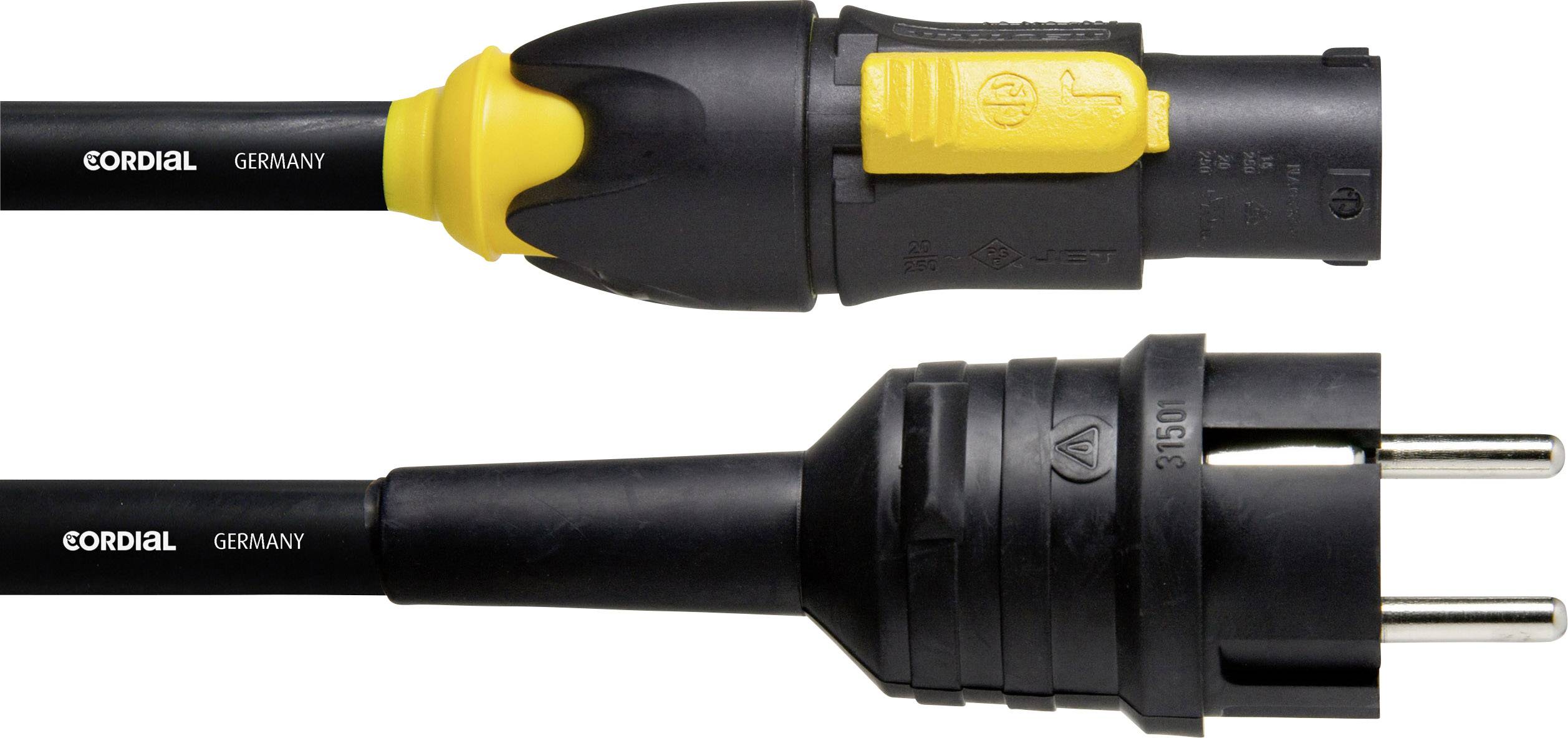 Dva černé elektrické kabely se žlutými akcenty; horní konektor je XLR konektor, spodní je zásuvka s ochranným kontaktem.