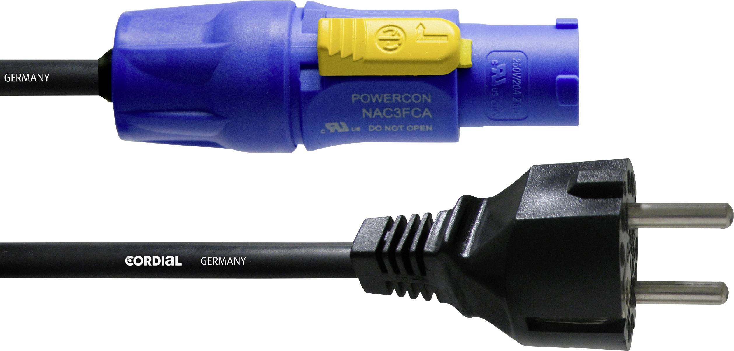 Napájecí kabel značky Cordial s modrou PowerCon a černou Schuko elektrickou zástrčkou.