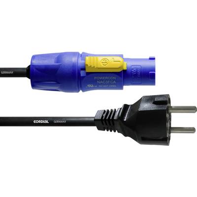 Napájecí kabel značky Cordial s modrou PowerCon a černou Schuko elektrickou zástrčkou.