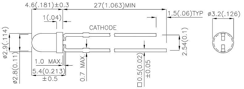 Obrázek LED diagramu s rozměry v milimetrech. Zobrazuje označení katody, rozmístění pinů a rozměry LED komponenty.