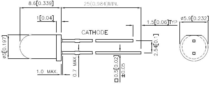 Diagram rozměrů LED. Zobrazuje délku, šířku a polohu vývodů. Katodový vývod je označen.