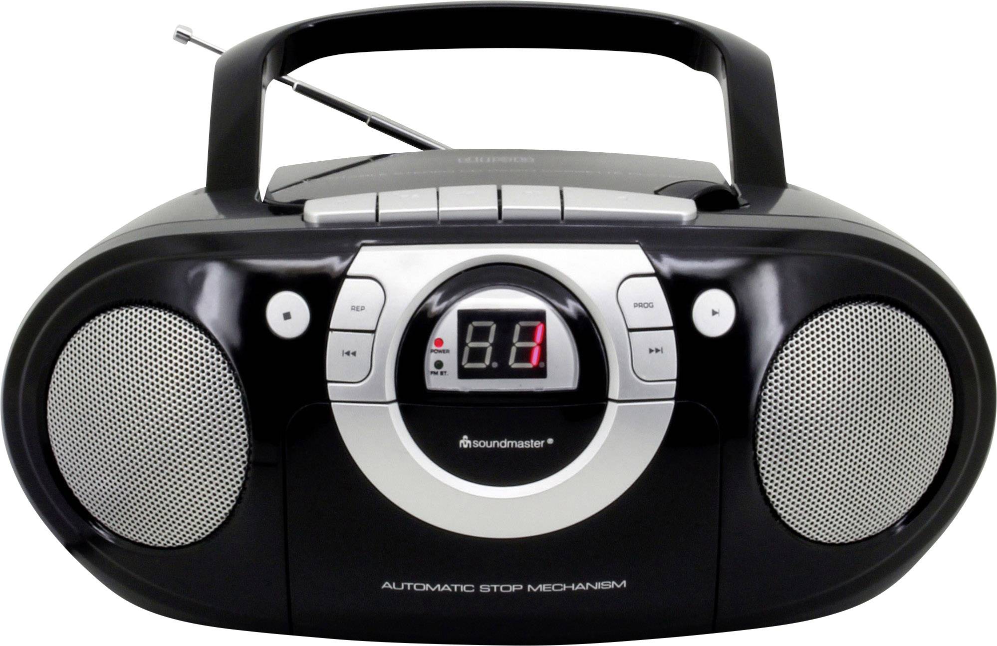 Černý přenosný rádio s CD přehrávačem, anténou a digitálním displejem s číslem '8.1'.