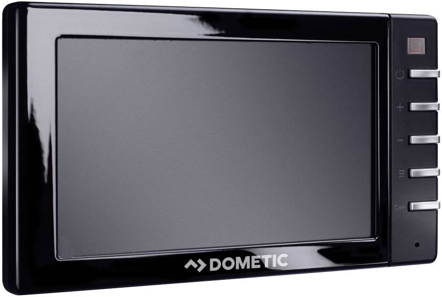 Černý, obdélníkový displej značky Dometic s pěti postranními tlačítky.
