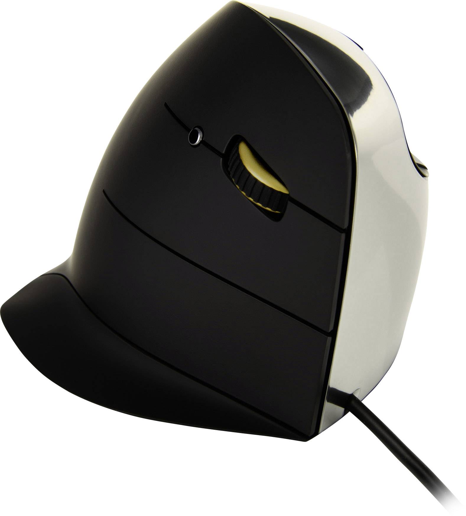 Vertikální ergonomická myš, černobílý povrch, zakřivená rukojeť, tlačítka pod palcem, rozpoznatelné scrollovací kolečko, kabelová.