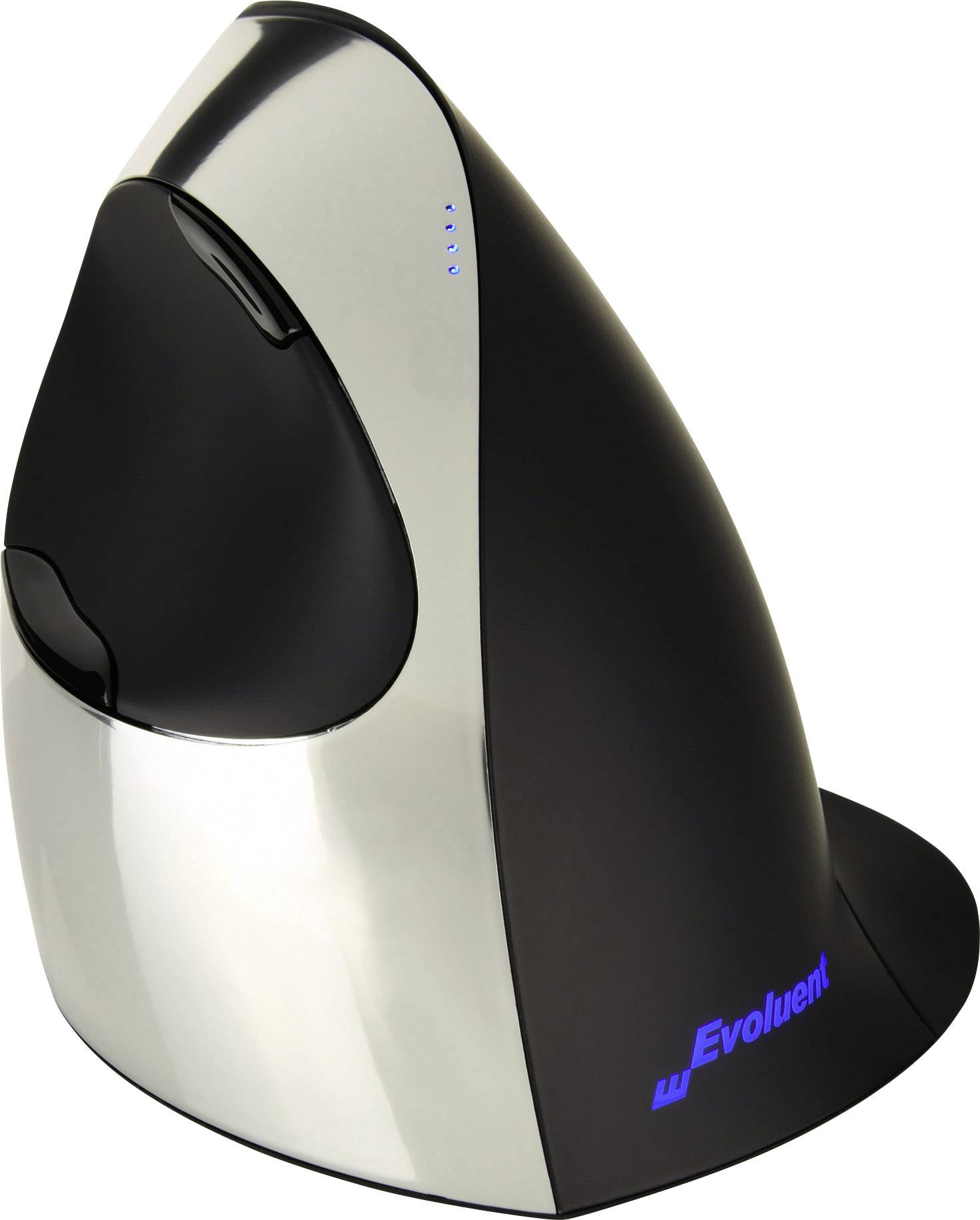 Ergonomická vertikální myš, černá a stříbrná, s mírným náklonem. Logo 'Evoluent' svítí modře.