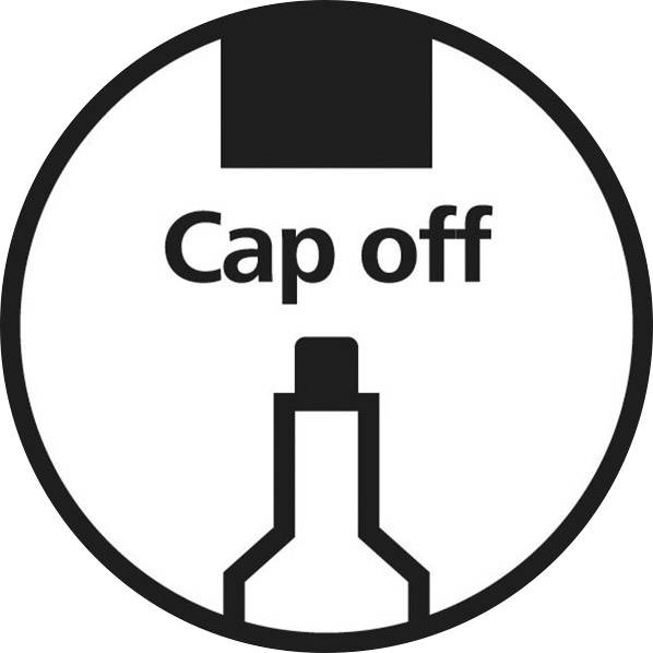 Kulaté symbol zobrazuje pero s nasazenou čepičkou a text 'Cap off'.