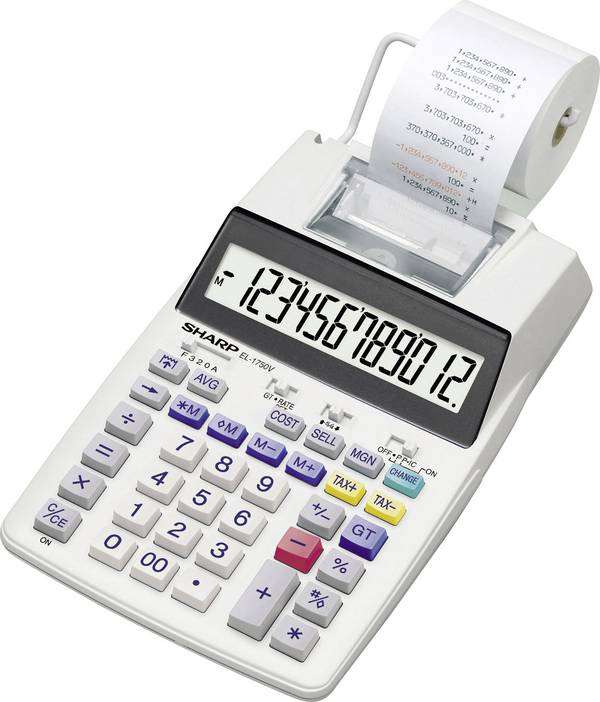 Sharp EL 1750 V stolní kalkulačka s tiskárnou bílá Displej (počet míst): 12 na baterii, napájení ze sítě (volitelné) (š x v x h) 230 x 52 x 230 mm