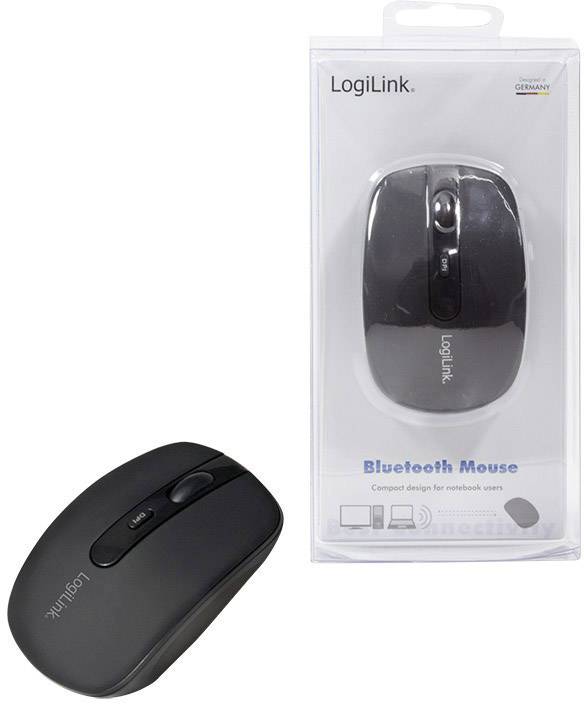 Bezdrátová Bluetooth myš od LogiLinku. Vlevo samotná myš, vpravo balení myši s logem a specifikacemi produktu.