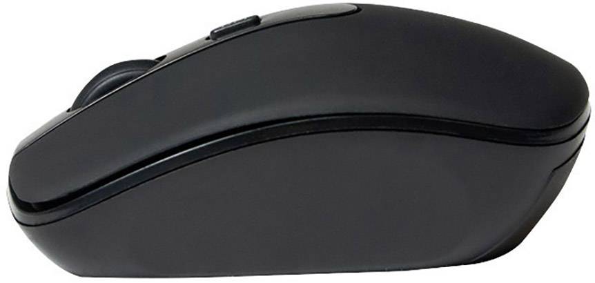 Černá bezdrátová počítačová myš s ergonomickým designem a dvěma viditelnými tlačítky, pohled z boku.
