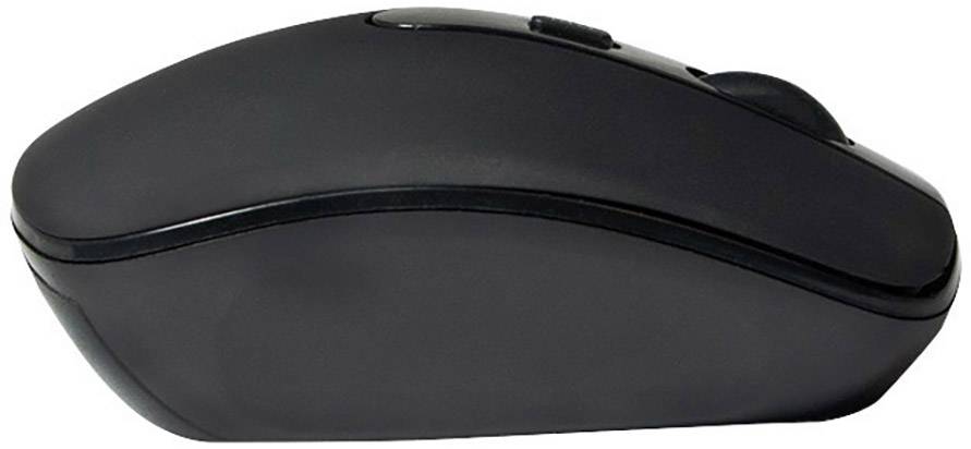 Jednoduchá, černá bezdrátová myš s ergonomickým designem a dvěma tlačítky, vhodná pro každodenní použití k počítači.