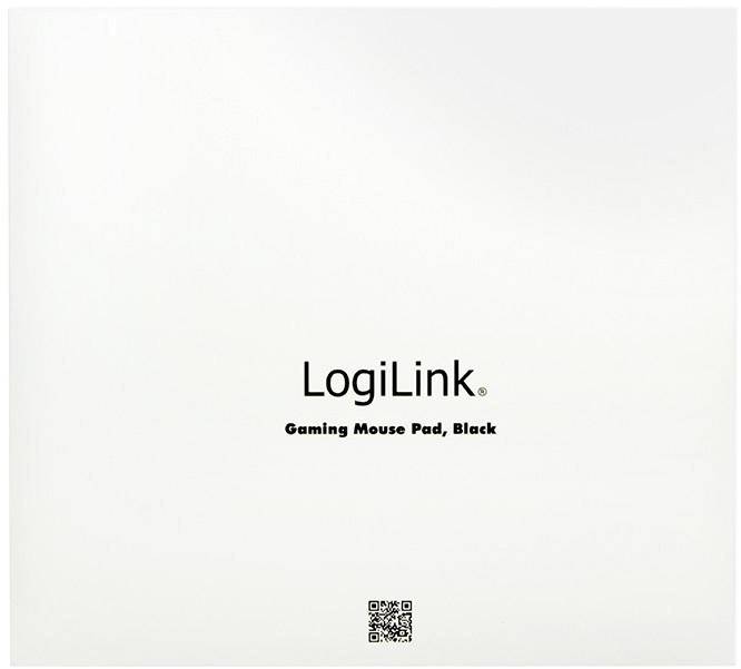 'LogiLink herní podložka pod myš, černá' na bílém pozadí s malým QR kódem dole.