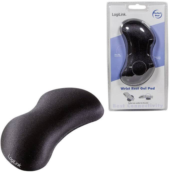 Ergonomický gelový podložka pod zápěstí od společnosti LogiLink pro podporu při psaní, v černé barvě, zabalená v plastovém obalu.