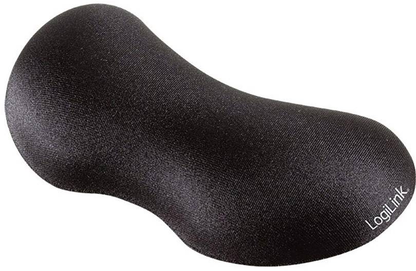 Ergonomický černý gelový opěrák zápěstí s prohnutým designem, potištěný logem 'LogiLink', určený pro podporu při práci s počítačem.